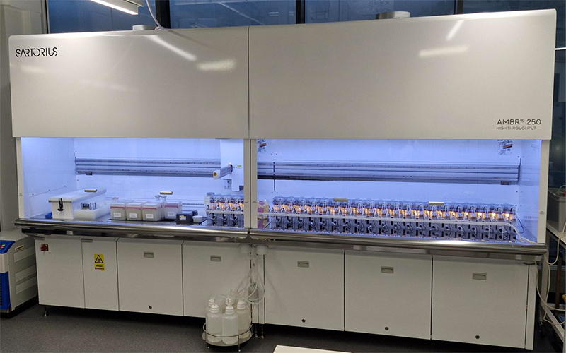 Photo of automated, parallel (24x250 ml) bioreactor instrument.